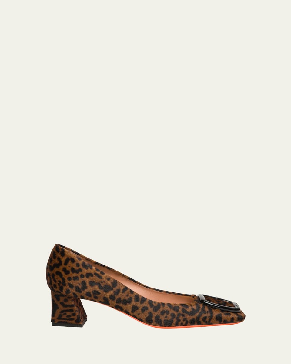 Leopard Block Heel Buckle Pumps